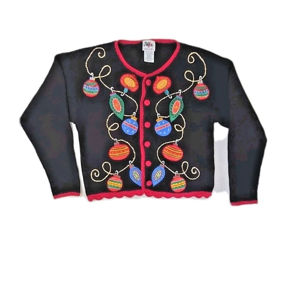 Vtg 90s Christmas Sweater Cardigan Ornaments Beaded Scalloped Nutcracker Brand S